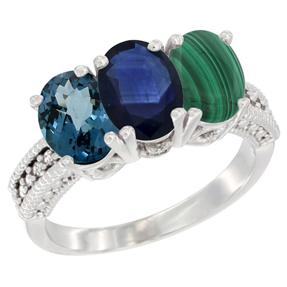 14K White Gold Natural London Blue Topaz, Blue Sapphire &amp; Malachite Ring 3-Stone 7x5 mm Oval Diamond Accent, sizes 5 - 10