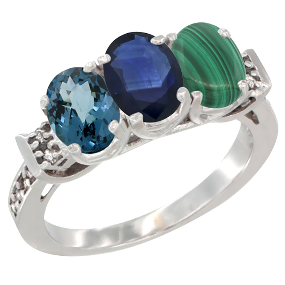 10K White Gold Natural London Blue Topaz, Blue Sapphire &amp; Malachite Ring 3-Stone Oval 7x5 mm Diamond Accent, sizes 5 - 10