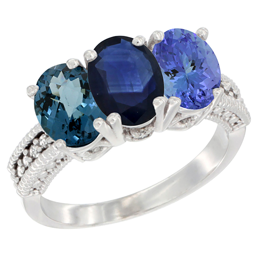 14K White Gold Natural London Blue Topaz, Blue Sapphire & Tanzanite Ring 3-Stone 7x5 mm Oval Diamond Accent, sizes 5 - 10