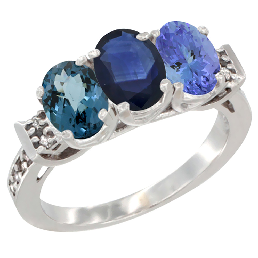 10K White Gold Natural London Blue Topaz, Blue Sapphire &amp; Tanzanite Ring 3-Stone Oval 7x5 mm Diamond Accent, sizes 5 - 10