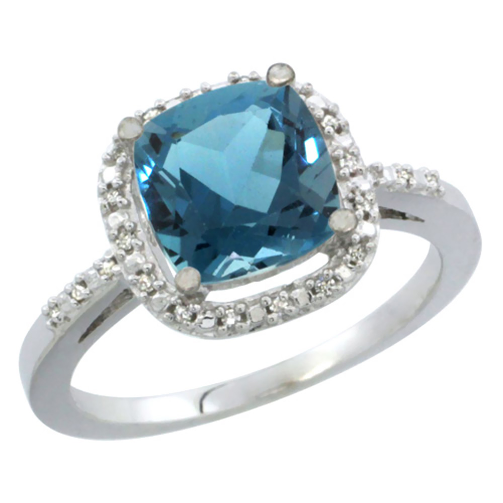 14K White Gold Natural London Blue Topaz Ring Cushion-cut 8x8mm Diamond Accent, sizes 5-10