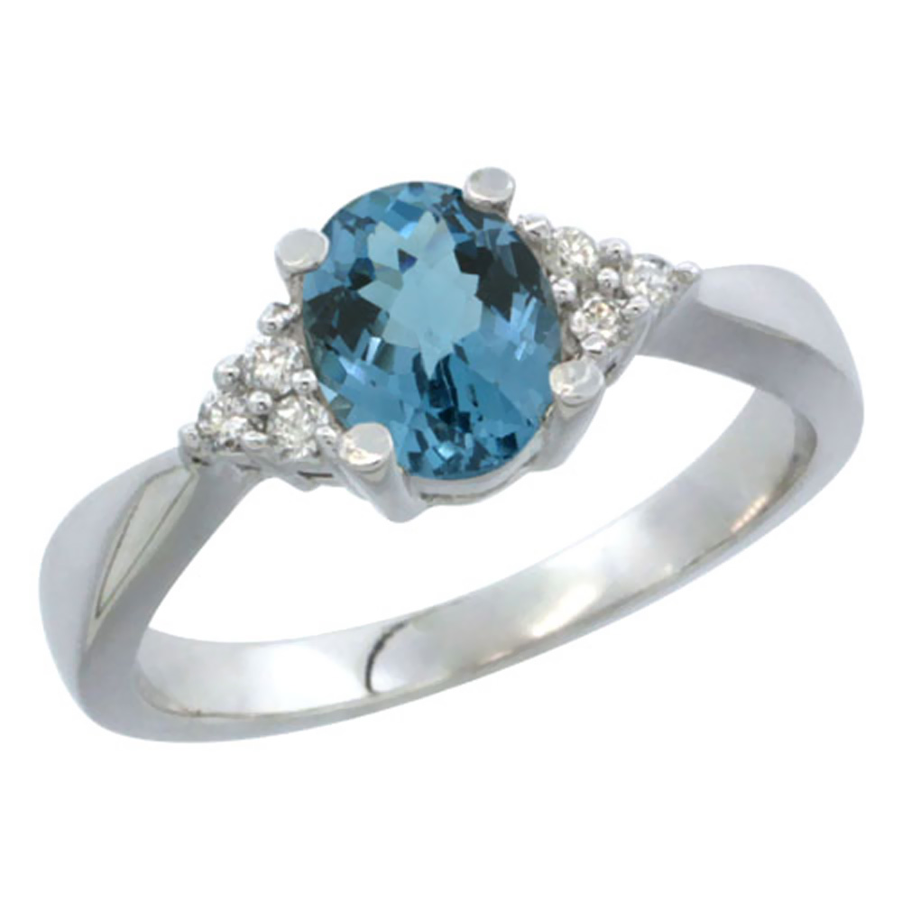 10K White Gold Diamond Natural London Blue Topaz Engagement Ring Oval 7x5mm, sizes 5-10