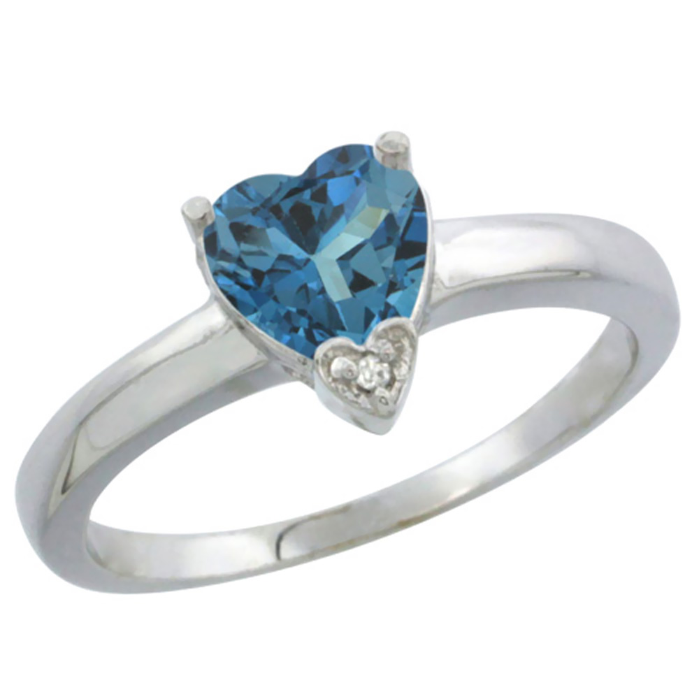 10K White Gold Natural London Blue Topaz Heart 7x7mm Diamond Accent, sizes 5-10