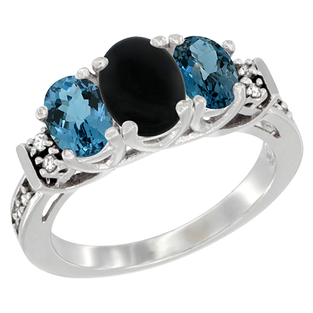 14K White Gold Natural Black Onyx &amp; London Blue Ring 3-Stone Oval Diamond Accent, sizes 5-10