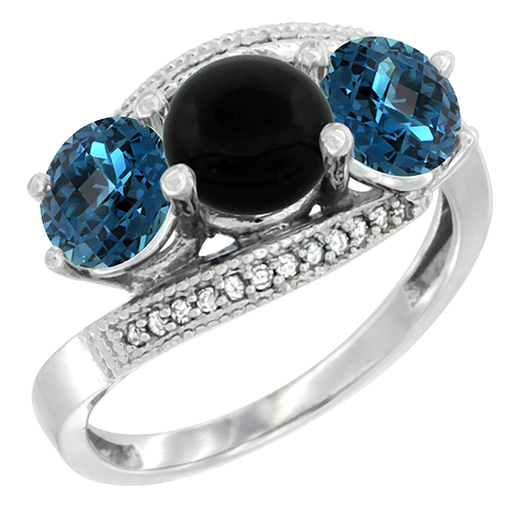 10K White Gold Natural Black Onyx &amp; London Blue Topaz Sides 3 stone Ring Round 6mm Diamond Accent, sizes 5 - 10