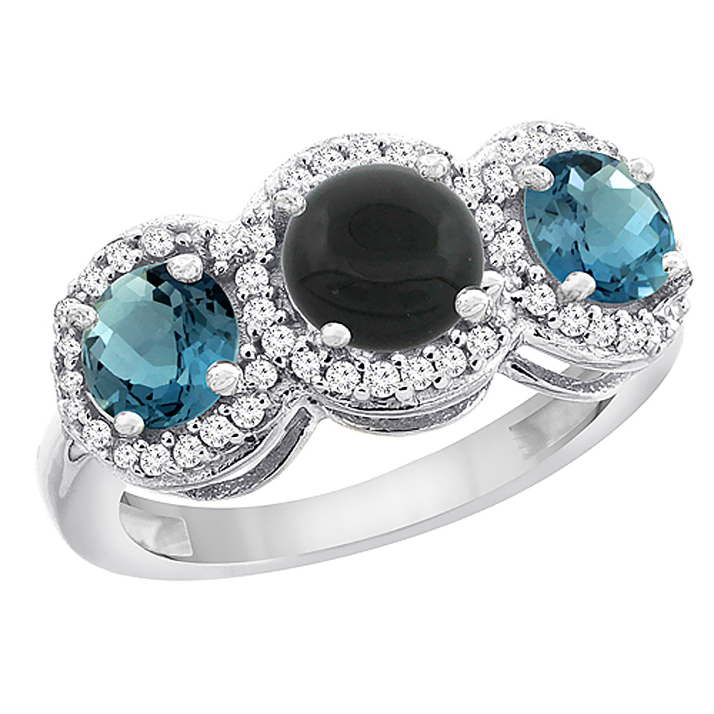 14K White Gold Natural Black Onyx &amp; London Blue Topaz Sides Round 3-stone Ring Diamond Accents, sizes 5 - 10