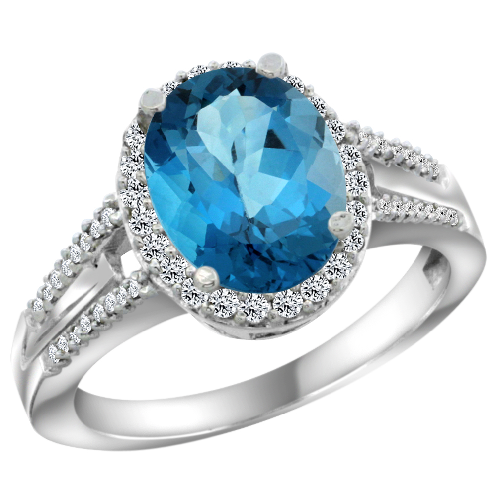 14K White Gold Diamond Natural London Blue Topaz Engagement Ring Oval 10x8mm, sizes 5-10