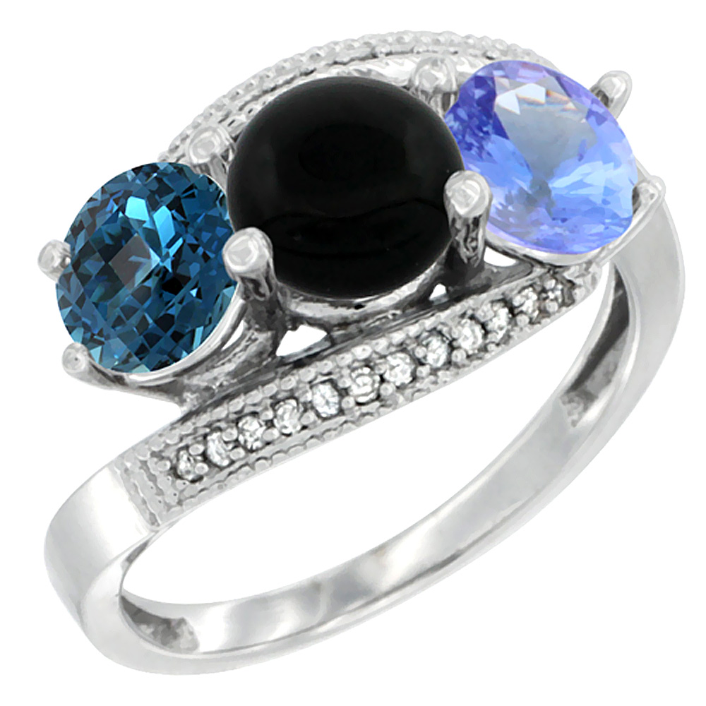 14K White Gold Natural London Blue Topaz, Black Onyx &amp; Tanzanite 3 stone Ring Round 6mm Diamond Accent, sizes 5 - 10