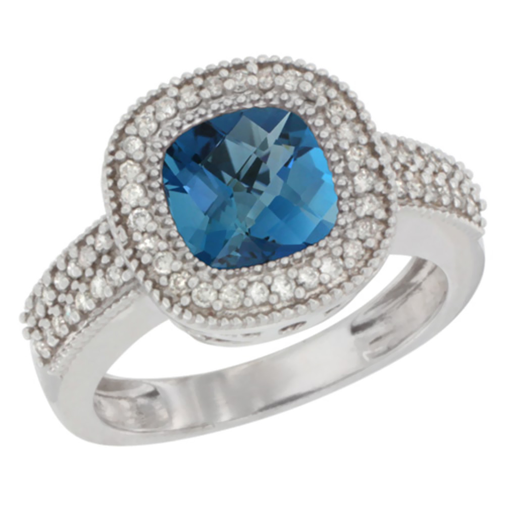 10K White Gold Natural London Blue Topaz Ring Cushion-cut 7x7mm Diamond Accent, sizes 5-10