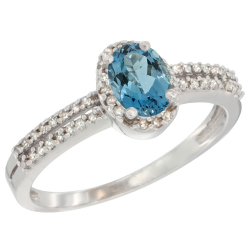 14K White Gold Natural London Blue Topaz Ring Oval 6x4mm Diamond Accent, sizes 5-10