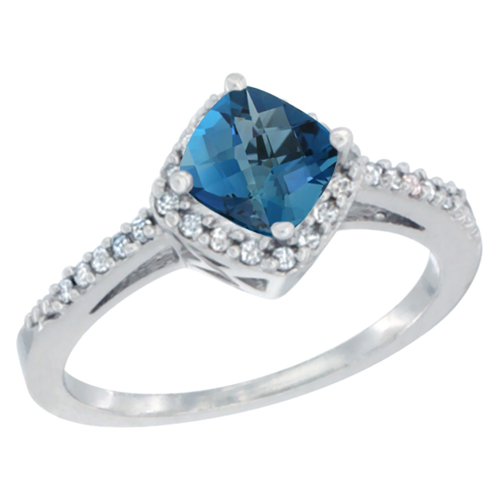 10K White Gold Natural London Blue Topaz Ring Cushion-cut 6mm Halo Diamond Accent, sizes 5 - 10