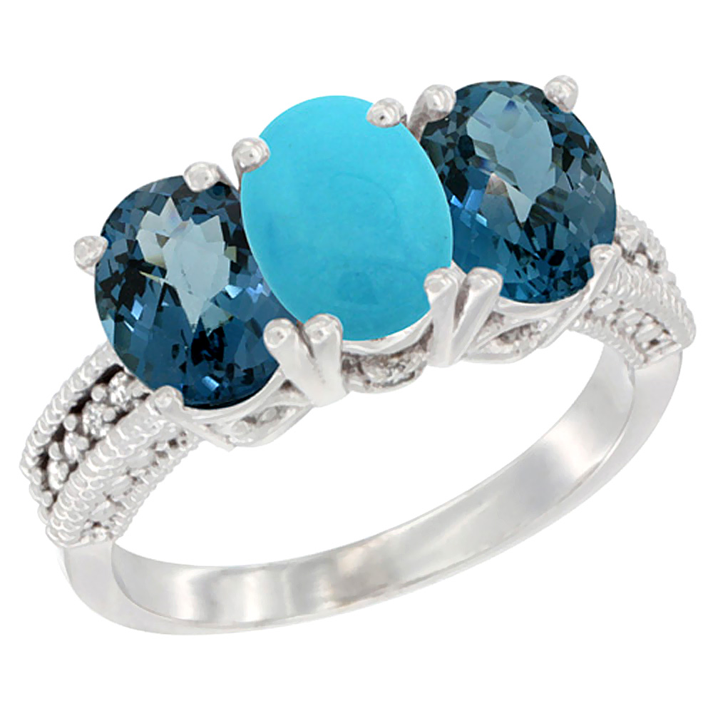 14K White Gold Natural Turquoise & London Blue Topaz Sides Ring 3-Stone 7x5 mm Oval Diamond Accent, sizes 5 - 10