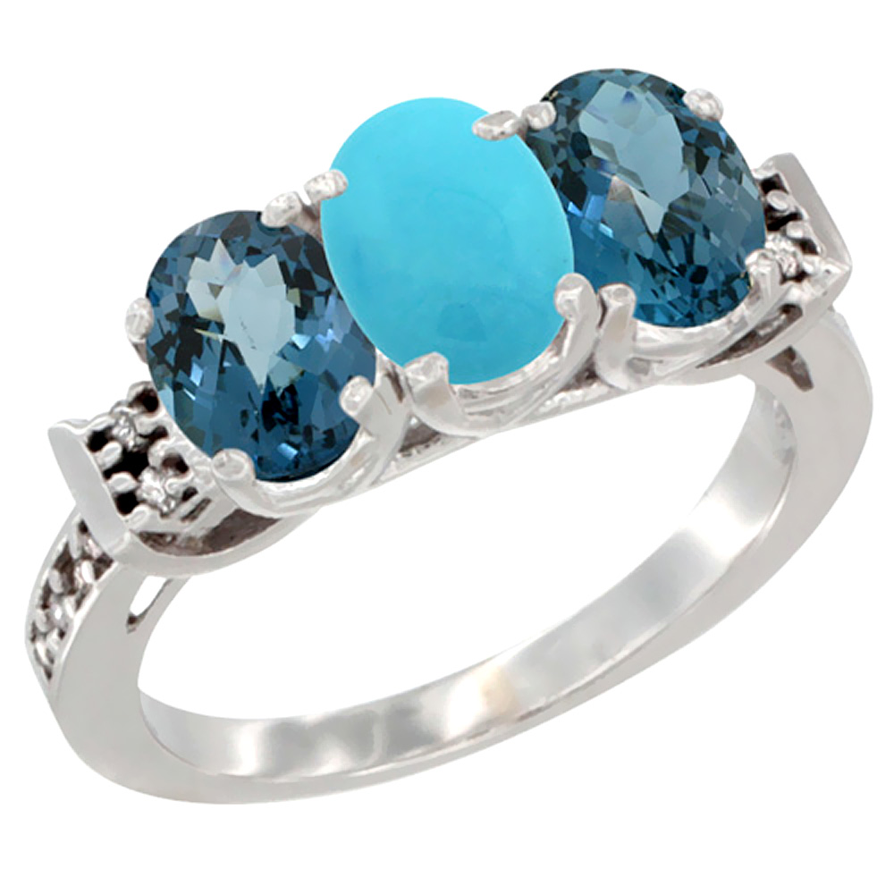 10K White Gold Natural Turquoise & London Blue Topaz Sides Ring 3-Stone Oval 7x5 mm Diamond Accent, sizes 5 - 10