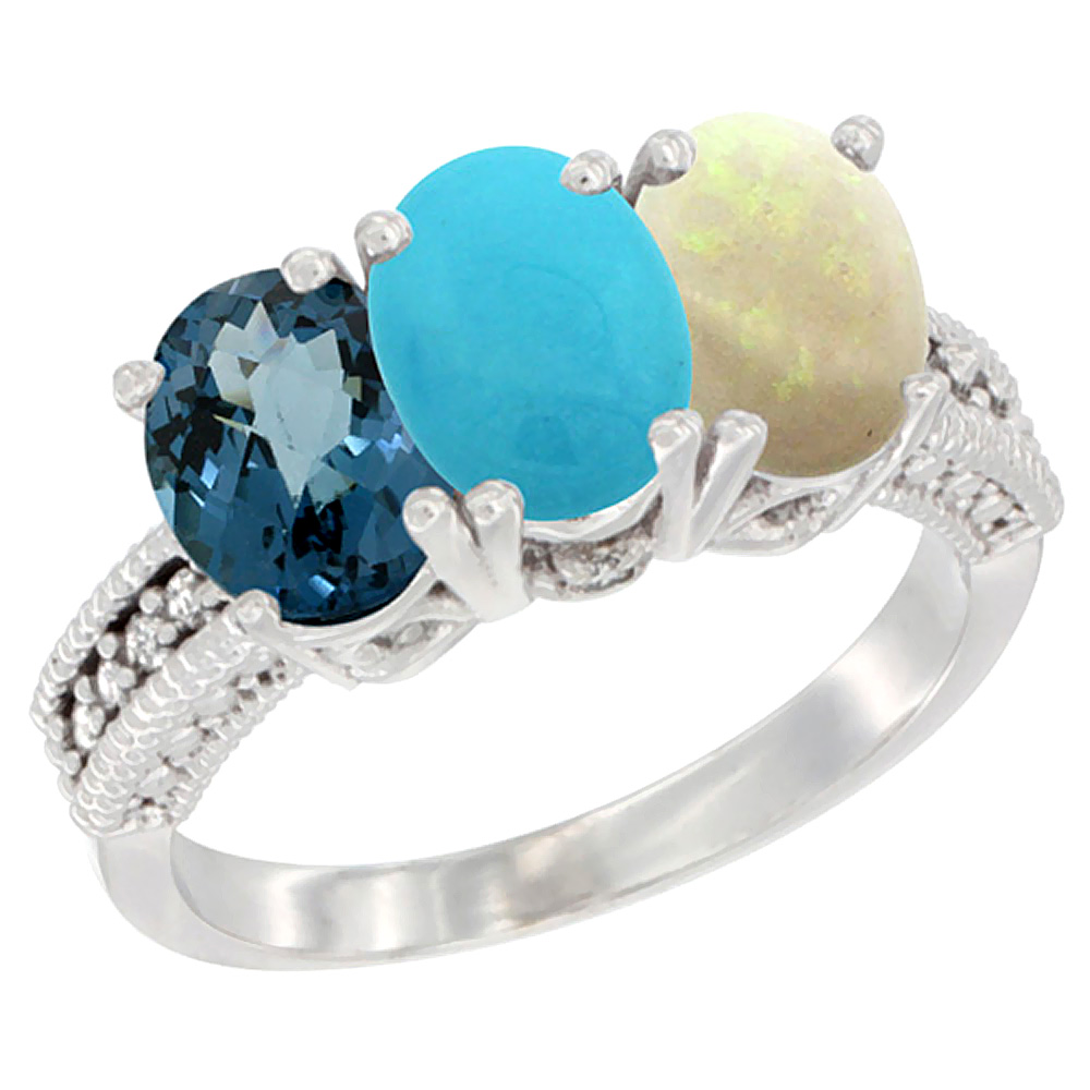 14K White Gold Natural London Blue Topaz, Turquoise & Opal Ring 3-Stone 7x5 mm Oval Diamond Accent, sizes 5 - 10