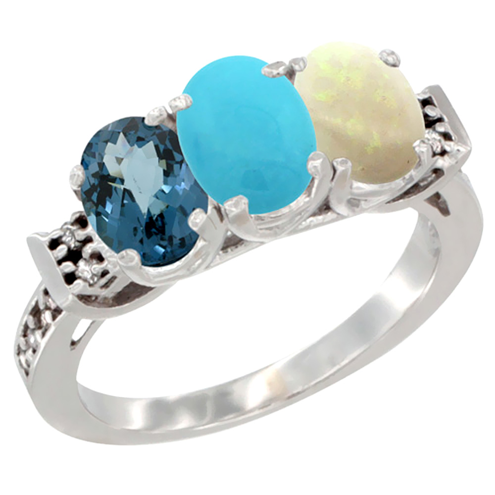 10K White Gold Natural London Blue Topaz, Turquoise &amp; Opal Ring 3-Stone Oval 7x5 mm Diamond Accent, sizes 5 - 10