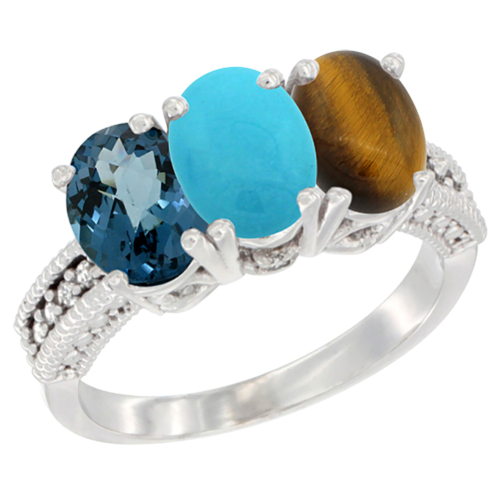 14K White Gold Natural London Blue Topaz, Turquoise &amp; Tiger Eye Ring 3-Stone 7x5 mm Oval Diamond Accent, sizes 5 - 10