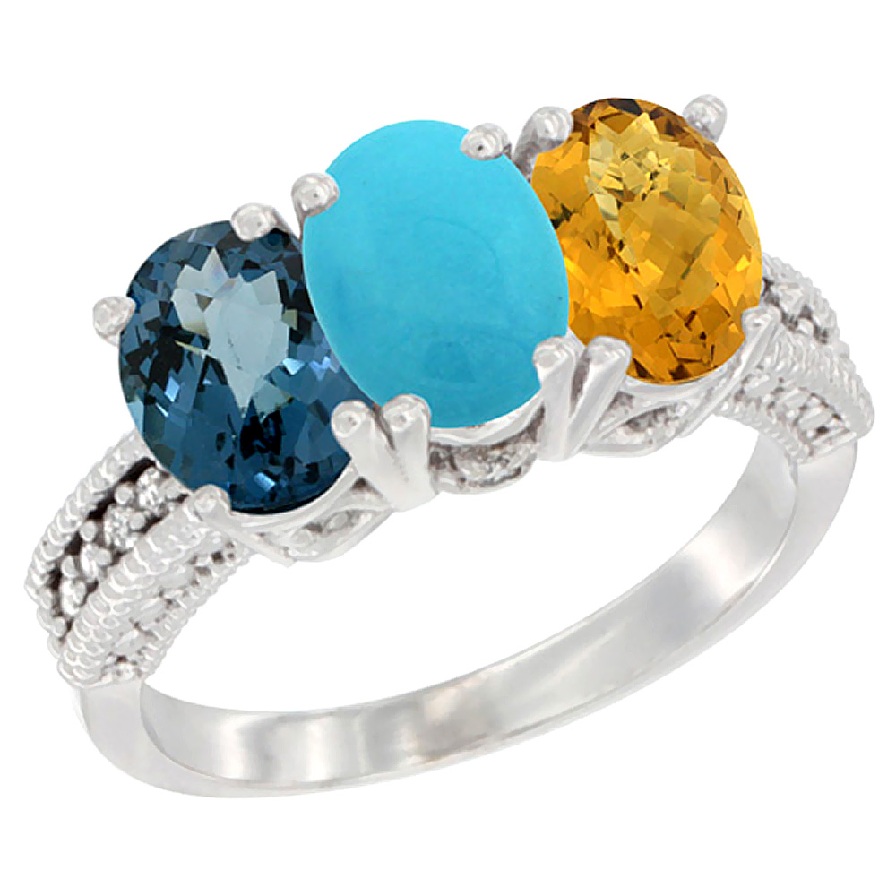 10K White Gold Natural London Blue Topaz, Turquoise & Whisky Quartz Ring 3-Stone Oval 7x5 mm Diamond Accent, sizes 5 - 10