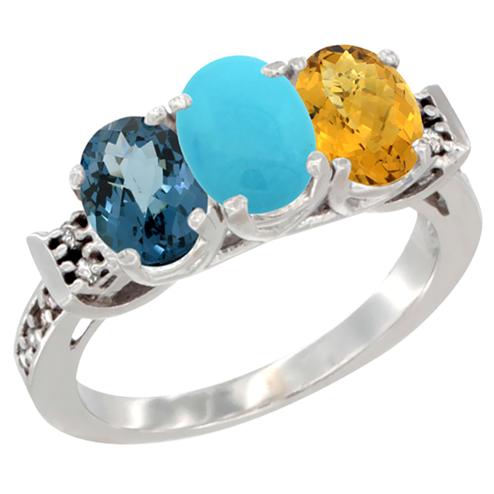 10K White Gold Natural London Blue Topaz, Turquoise &amp; Whisky Quartz Ring 3-Stone Oval 7x5 mm Diamond Accent, sizes 5 - 10