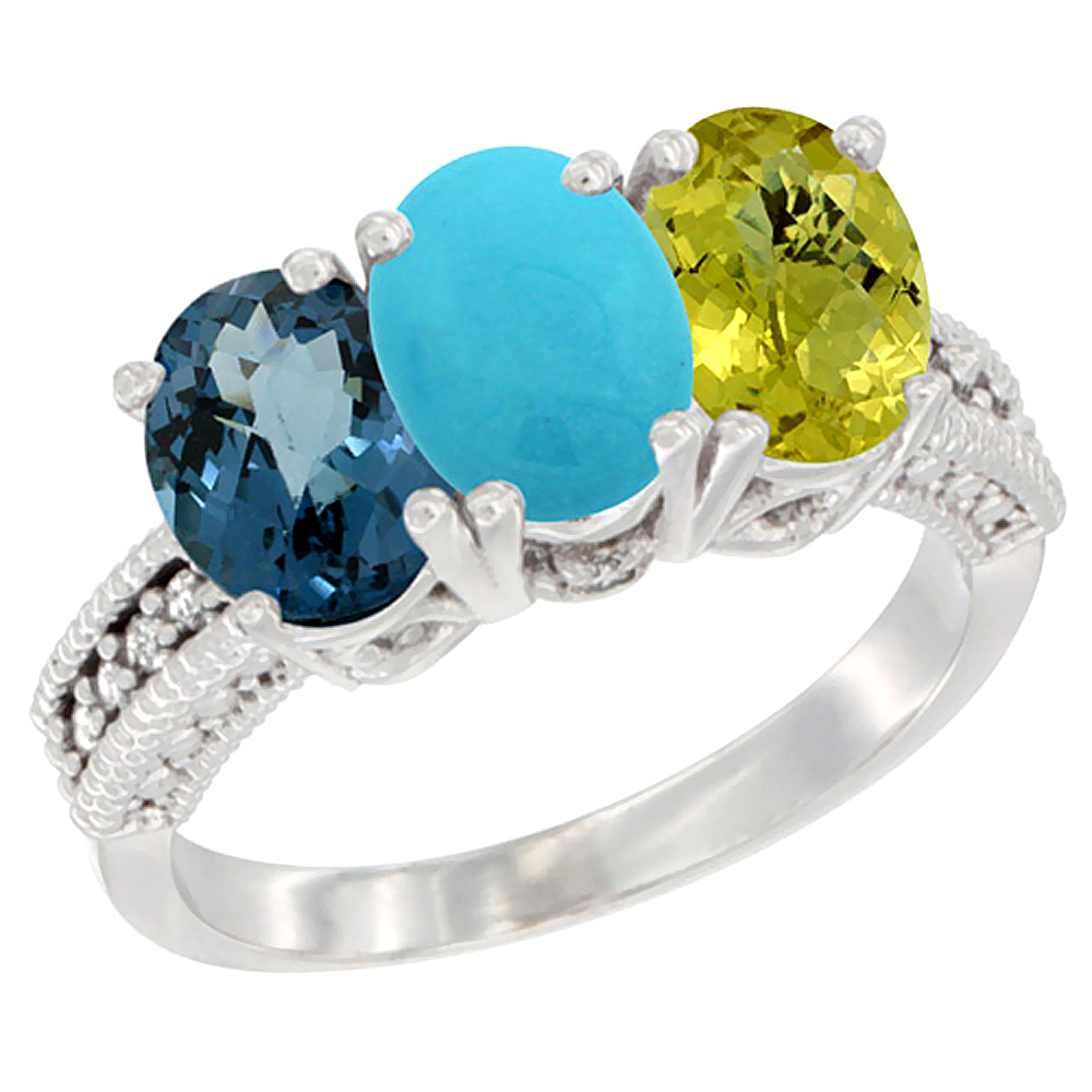 10K White Gold Natural London Blue Topaz, Turquoise &amp; Lemon Quartz Ring 3-Stone Oval 7x5 mm Diamond Accent, sizes 5 - 10