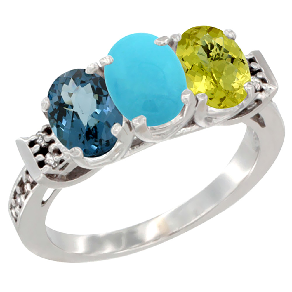 10K White Gold Natural London Blue Topaz, Turquoise & Lemon Quartz Ring 3-Stone Oval 7x5 mm Diamond Accent, sizes 5 - 10