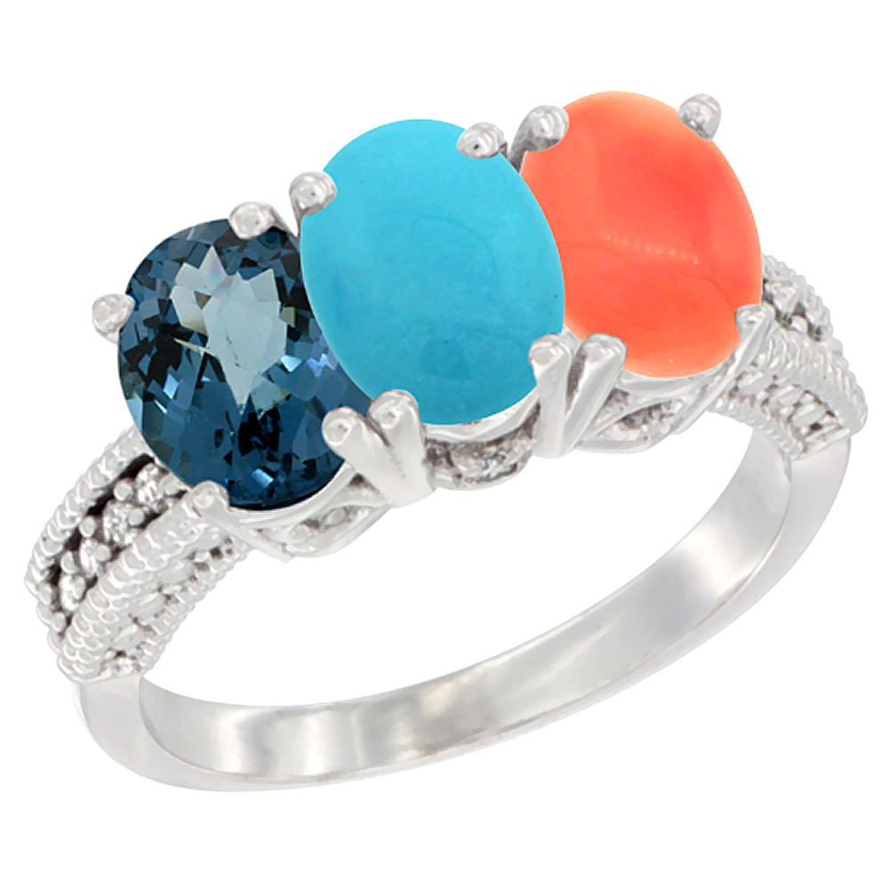 10K White Gold Natural London Blue Topaz, Turquoise & Coral Ring 3-Stone Oval 7x5 mm Diamond Accent, sizes 5 - 10