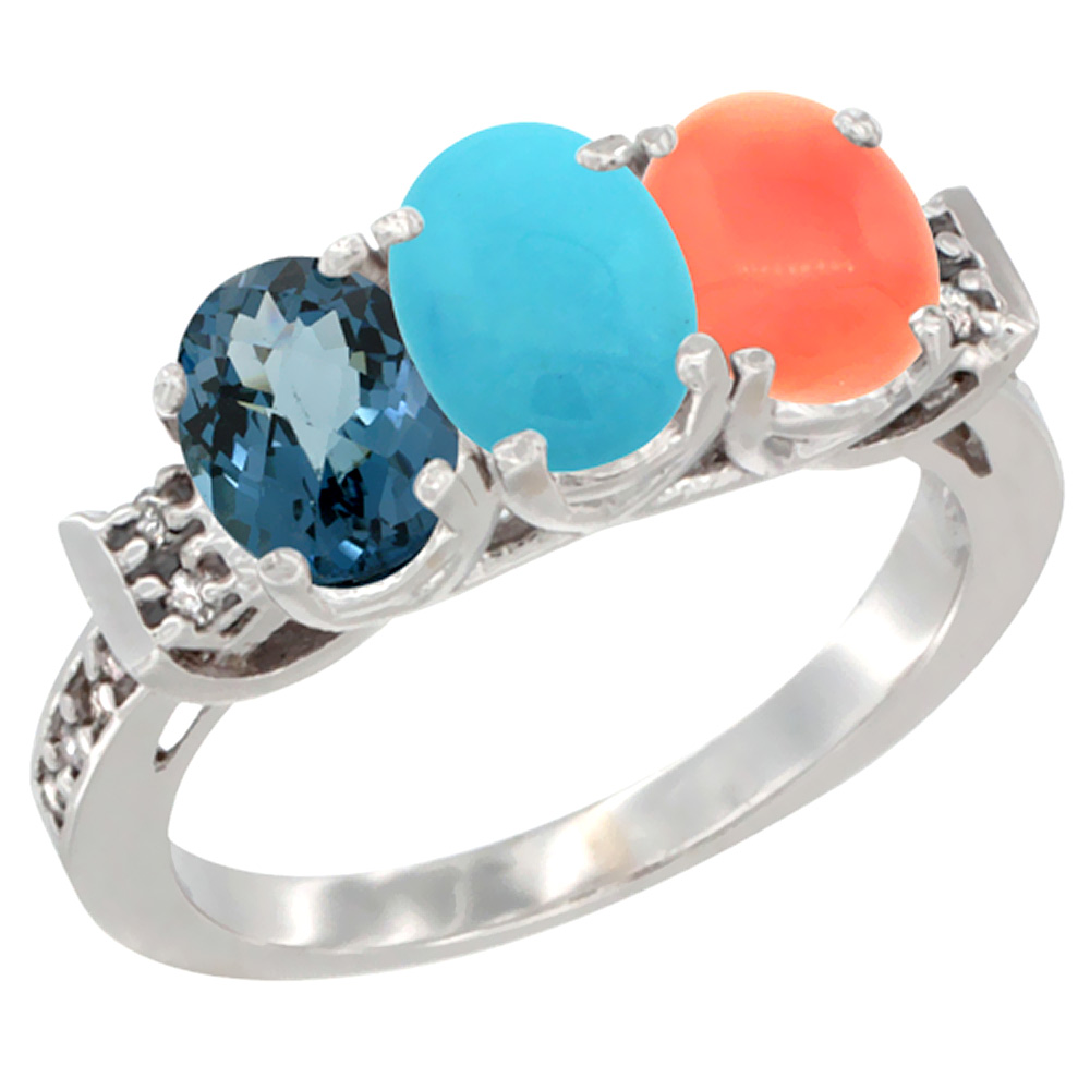 14K White Gold Natural London Blue Topaz, Turquoise & Coral Ring 3-Stone 7x5 mm Oval Diamond Accent, sizes 5 - 10