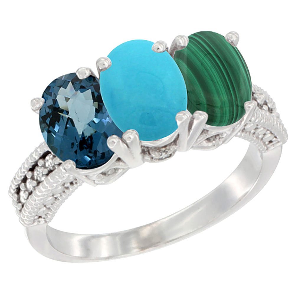 10K White Gold Natural London Blue Topaz, Turquoise & Malachite Ring 3-Stone Oval 7x5 mm Diamond Accent, sizes 5 - 10