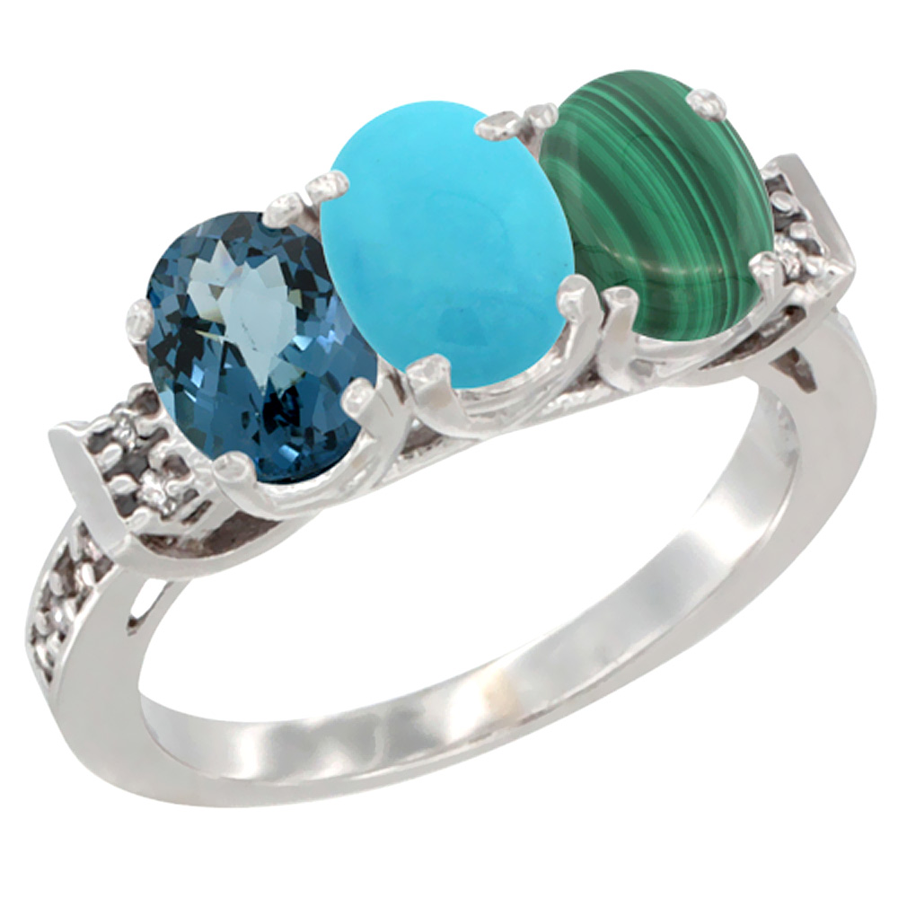 14K White Gold Natural London Blue Topaz, Turquoise &amp; Malachite Ring 3-Stone 7x5 mm Oval Diamond Accent, sizes 5 - 10