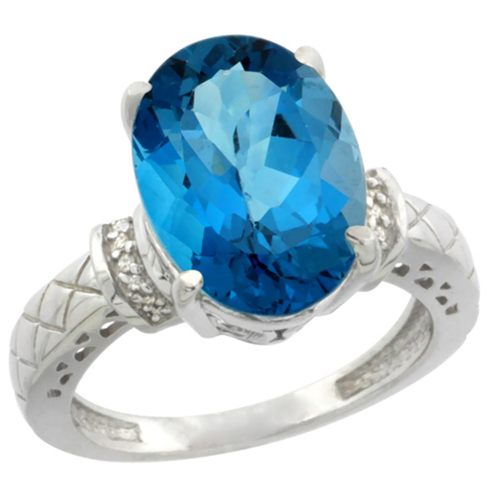 10K White Gold Diamond Natural London Blue Topaz Ring Oval 14x10mm, sizes 5-10