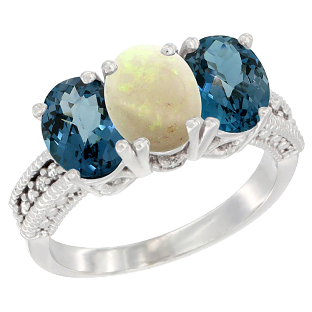 10K White Gold Natural Opal & London Blue Topaz Sides Ring 3-Stone Oval 7x5 mm Diamond Accent, sizes 5 - 10