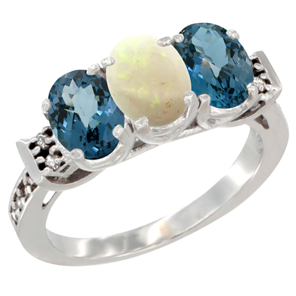 14K White Gold Natural Opal & London Blue Topaz Sides Ring 3-Stone 7x5 mm Oval Diamond Accent, sizes 5 - 10