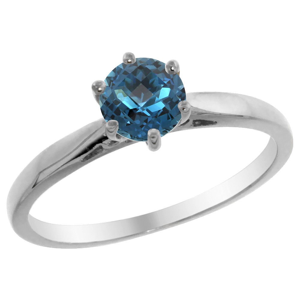 14K White Gold Natural London Blue Topaz Solitaire Ring Round 5mm, sizes 5 - 10