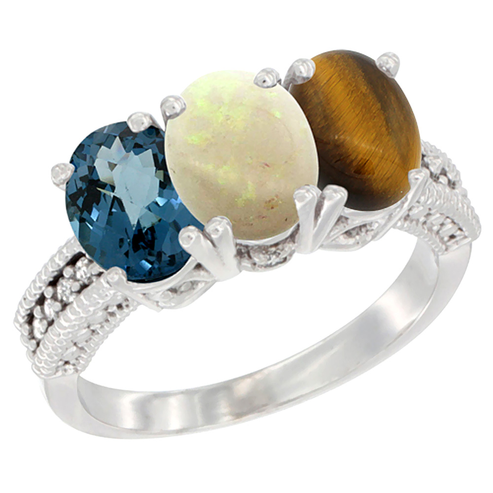 14K White Gold Natural London Blue Topaz, Opal & Tiger Eye Ring 3-Stone 7x5 mm Oval Diamond Accent, sizes 5 - 10