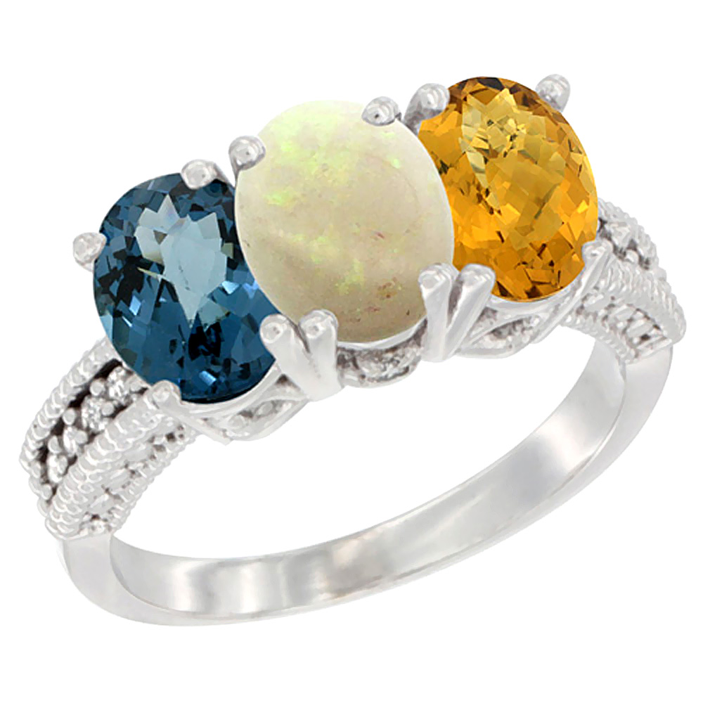 14K White Gold Natural London Blue Topaz, Opal & Whisky Quartz Ring 3-Stone 7x5 mm Oval Diamond Accent, sizes 5 - 10