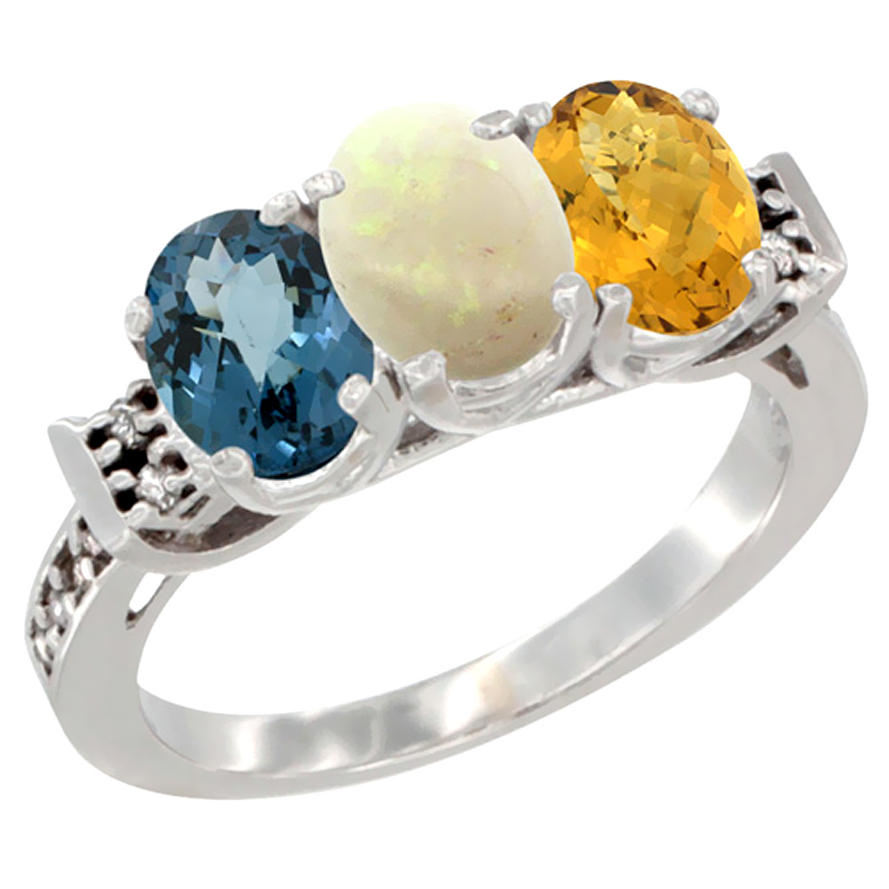 10K White Gold Natural London Blue Topaz, Opal & Whisky Quartz Ring 3-Stone Oval 7x5 mm Diamond Accent, sizes 5 - 10