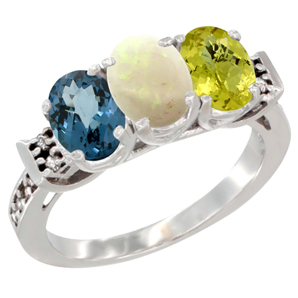 10K White Gold Natural London Blue Topaz, Opal &amp; Lemon Quartz Ring 3-Stone Oval 7x5 mm Diamond Accent, sizes 5 - 10