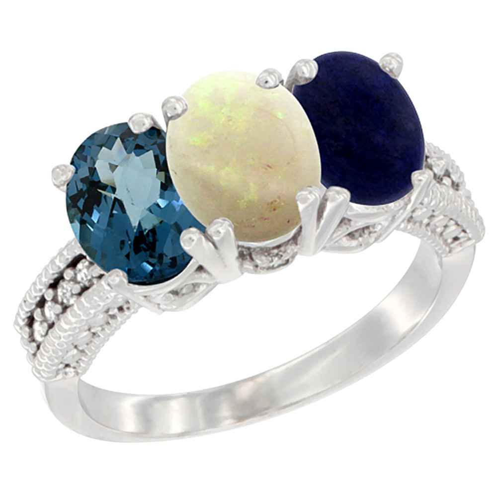 14K White Gold Natural London Blue Topaz, Opal &amp; Lapis Ring 3-Stone 7x5 mm Oval Diamond Accent, sizes 5 - 10