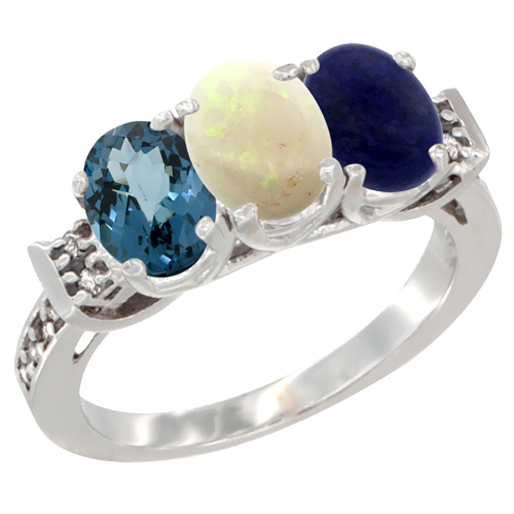 10K White Gold Natural London Blue Topaz, Opal & Lapis Ring 3-Stone Oval 7x5 mm Diamond Accent, sizes 5 - 10