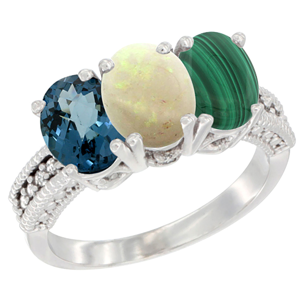 10K White Gold Natural London Blue Topaz, Opal &amp; Malachite Ring 3-Stone Oval 7x5 mm Diamond Accent, sizes 5 - 10