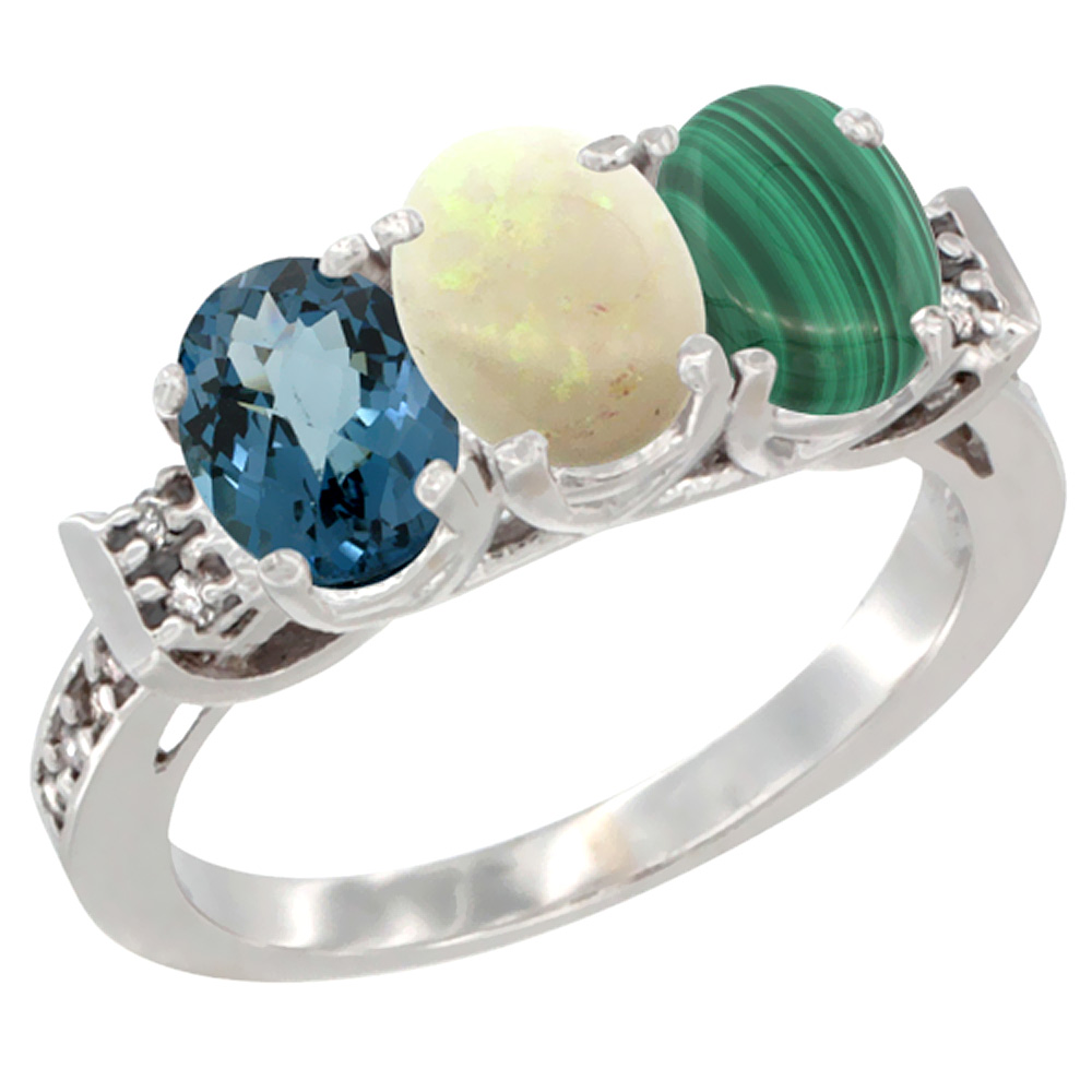 14K White Gold Natural London Blue Topaz, Opal & Malachite Ring 3-Stone 7x5 mm Oval Diamond Accent, sizes 5 - 10