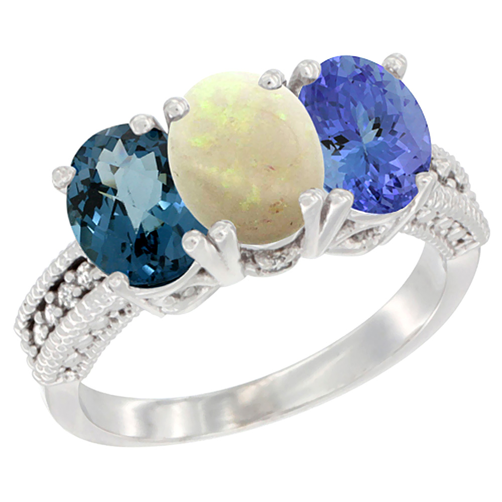 10K White Gold Natural London Blue Topaz, Opal & Tanzanite Ring 3-Stone Oval 7x5 mm Diamond Accent, sizes 5 - 10