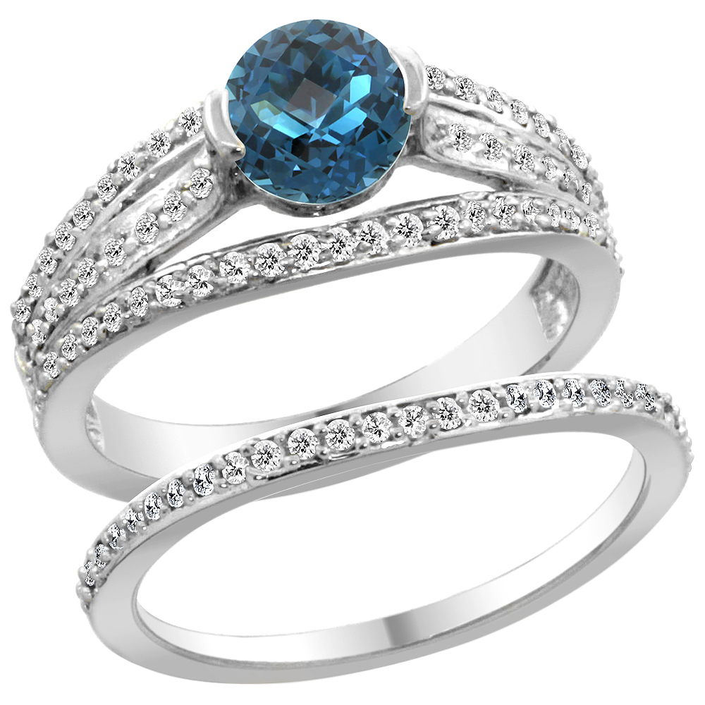 14K White Gold Natural London Blue Topaz 2-piece Engagement Ring Set Round 6mm, sizes 5 - 10