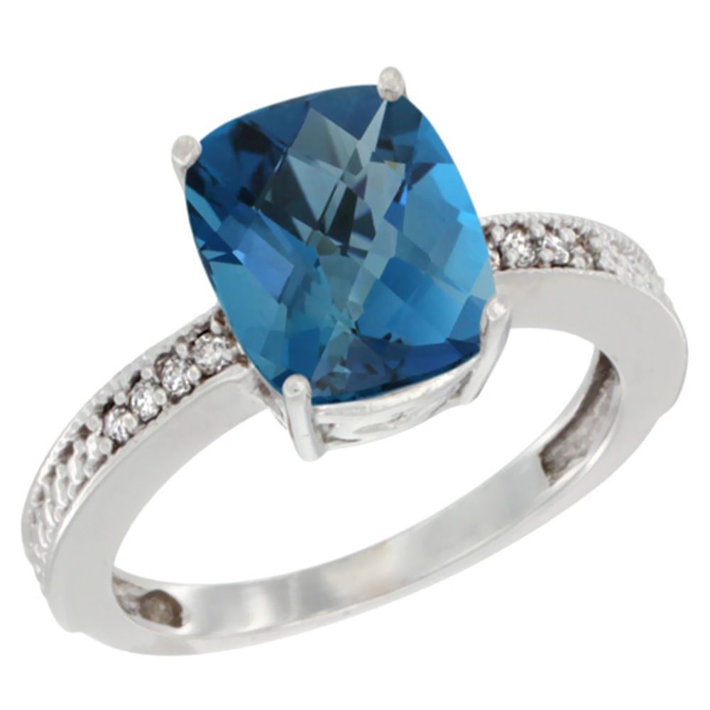 10K White Gold Diamond Cushion 10x8 mm Natural London Blue Topaz Stone Ring, sizes 5 - 10