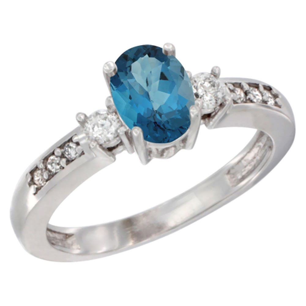 14K White Gold Diamond Natural London Blue Topaz Engagement Ring Oval 7x5 mm, sizes 5 - 10