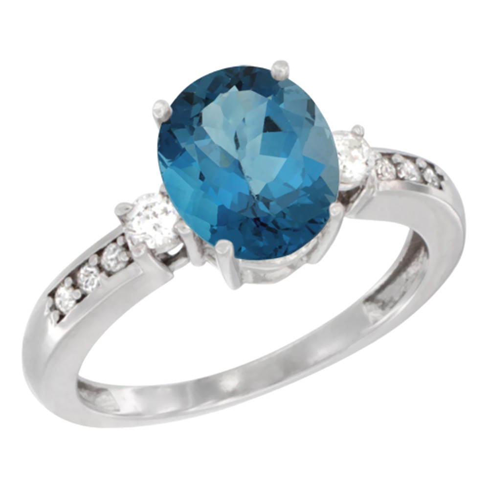 14K Yellow Gold Natural London Blue Topaz Ring Oval 9x7 mm Diamond Accent, sizes 5 - 10