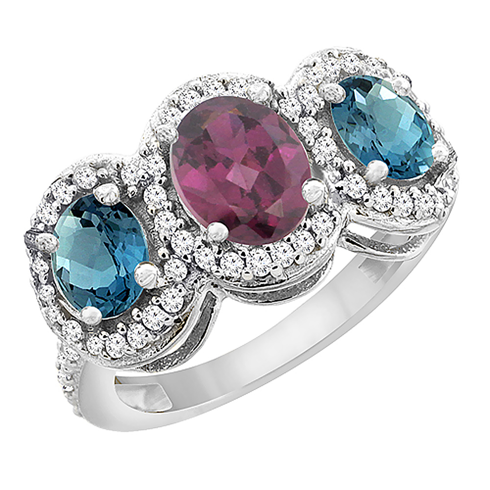 10K White Gold Natural Rhodolite & London Blue Topaz 3-Stone Ring Oval Diamond Accent, sizes 5 - 10