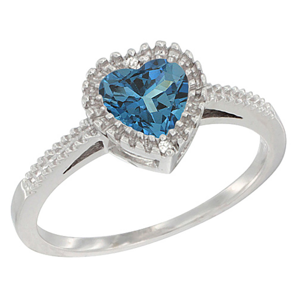 10K White Gold Natural London Blue Topaz Ring Heart 6x6 mm, sizes 5 - 10