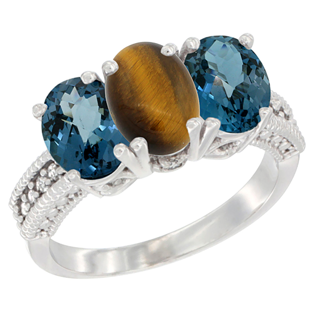 14K White Gold Natural Tiger Eye & London Blue Topaz Sides Ring 3-Stone 7x5 mm Oval Diamond Accent, sizes 5 - 10