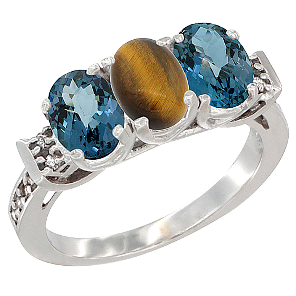 14K White Gold Natural Tiger Eye &amp; London Blue Topaz Sides Ring 3-Stone 7x5 mm Oval Diamond Accent, sizes 5 - 10