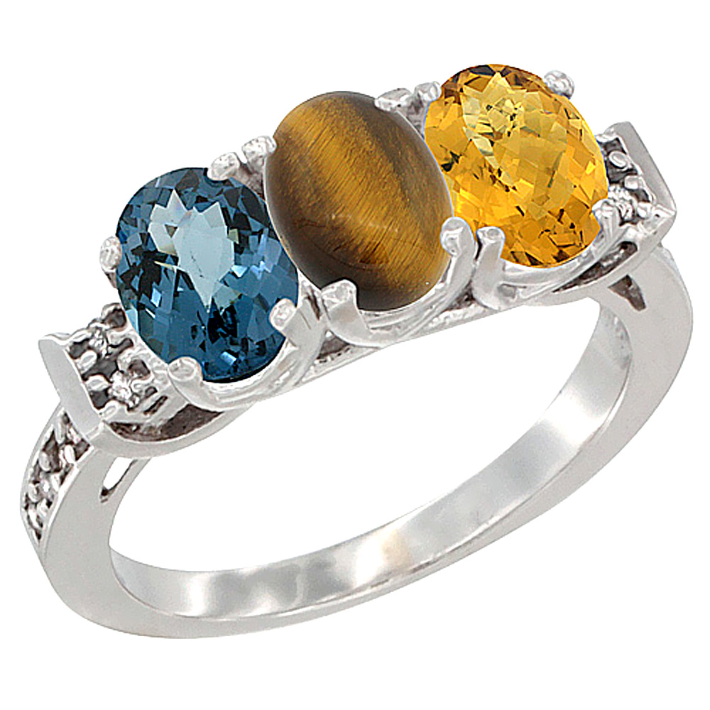 14K White Gold Natural London Blue Topaz, Tiger Eye & Whisky Quartz Ring 3-Stone 7x5 mm Oval Diamond Accent, sizes 5 - 10